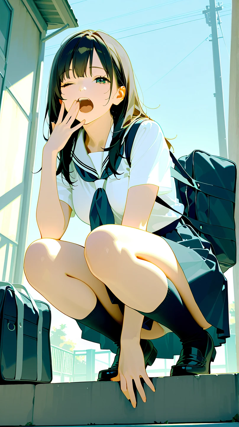 8k, ​masterpiece, top-quality, realisitic, The ultra-detailliert, Tennis Wear, (glowy skin, Sweaty:1.4), Look at viewers, 1girl, 独奏, White polo shirt, White sneakers, White mini skirt,Skirts rolled up in the wind、white panty、 length hair, brown haired, black eyes, A slender, (thighs thighs thighs thighs:0.6), 动态照明, hight resolution, foco nítido, depth of fields, A detailed eye, Sharp pupils, Realistic pupils, (tiny chest:0.8)