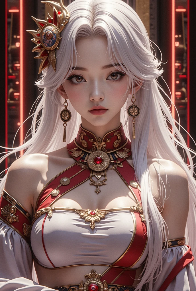 a close up of a woman in a costume with a sword, onmyoji detailed art, g liulian art style, from arknights, trending on artstation pixiv, by Yang J, cushart krenz key art feminine, guweiz on artstation pixiv, rossdraws sakimimichan, onmyoji, prompt:fantasy character with white, slightly tousled hair, pale skin, striking red eyes, intricate golden vine-like patterns, large red and gold wings, highly detailed, elegant, yet fierce