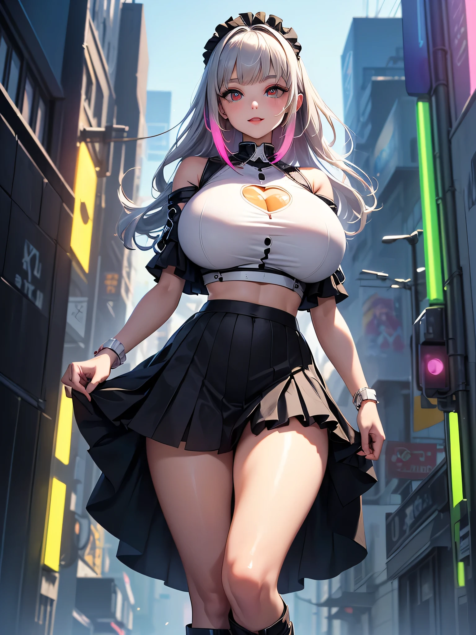 (((of the highest quality: 1.4))),(unparalleled masterpiece ever), (Ultra high definition),(Ultra-realistic 8K CG), offcial art、 (((adult body, accentuated super huge enormously gigantic tits, cleavage showing))), (((1girl in))), ((( very long hair in pigtails ))), Punk girl with a perfect body, school girl uniform school girl skirt and backpack with lots of straps buckles and zippers,Beautiful and well-groomed face,Fancy makeup,Detailed punk fashion,school girl uniform and school girl skirt, (Image from head to thigh),((Platinum white hair )), Harajuku-inspired hooded jacket, Simon Bisley's urban savage style,Detailed street background of school classroom,Clean abs, Complex graphics, dark pink with white stars and gray and white stripeany poisonous tattoos )), piercings,