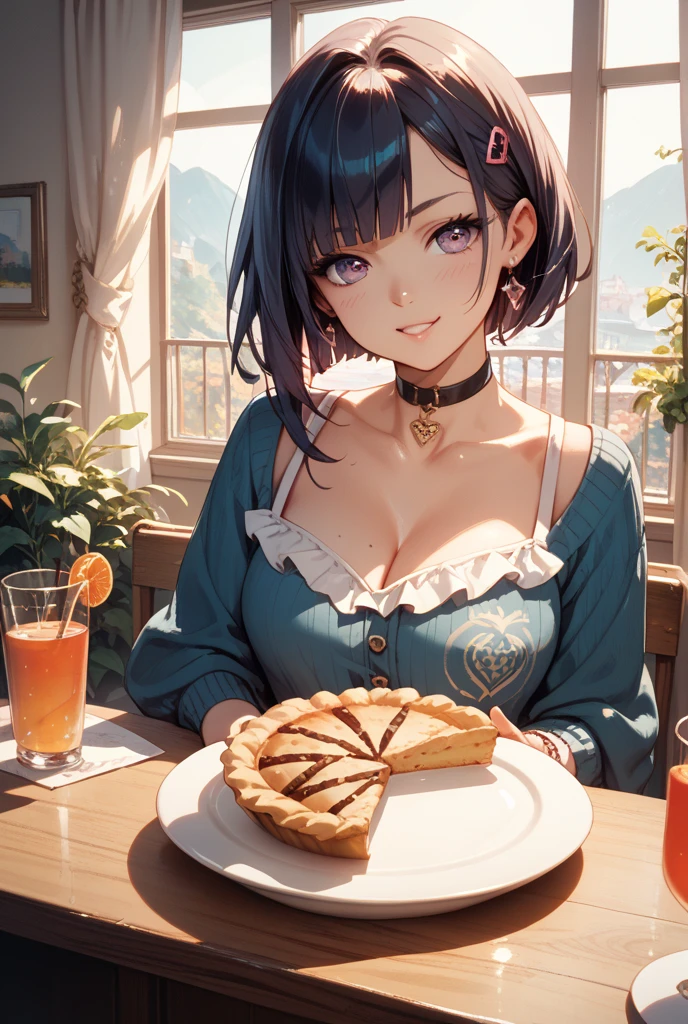 (small breasts:1.3), (perky chest:1.1), (pointed chest:1.0), (Pudding cake magazine cover:1.3),(from above:1.0),(from side:0.9),masterpiece, 1girl, Amazing Cleavage:1.1, thin waist, big ass, Raised sexy, small breast: 1.3, posed cleavage:1.2、solo, looking at viewer, open mouth, have a cute grass of cute beergrass,black hair, dark green eyes, dress, bare shoulders, jewelry, collarbone, sidelocks, hairband, earrings, indoors, off shoulder, :o, sweater, arms behind back, plant, short hair with long locks, gild hairband, off-shoulder dress, sweater dress, off-shoulder sweater, red sweater, dark gord hair, big side hair, very long side hair,is rendered in (masterpiece: 1.2, best quality), with (ultra high resolution) and an exquisite (depth of field). This masterpiece is not only visually stunning but also tells,A scene of cooking in the kitchen by classroom
