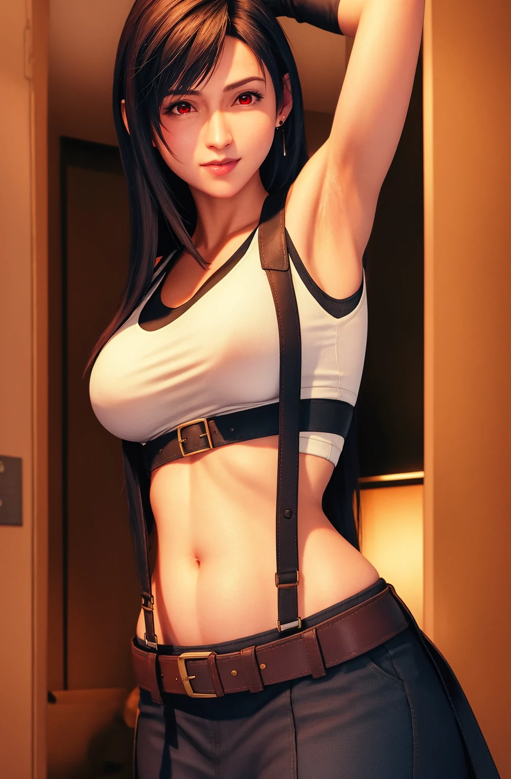 aaravos <lora:dragon_prince_aaravos_offset:1.2>, tifa lockhart <lora:tifa_lockhart_offset:0.7>, 1girl, thick lips, arm up, armpits, artist name, belt, black hair, breasts, brown eyes, cleavage, closed mouth, collarbone, cowboy shot, crop top, earrings, elbow gloves, elbow pads, gloves, jewelry, large breasts, lips, long hair, low-tied long hair, midriff, navel, one eye closed, outdoors, skirt, smile, solo, stomach, suspenders, tank top, upper body, ((masterpiece)), cgi, 3d