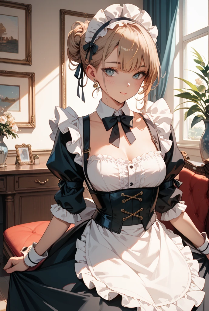 ((highest quality)), ((masterpiece)), (detailed), Staying indoors,((Large furniture)),Perfect Face,Kids,Young,2girl,Gothic,corset,Drawers,Headdress,Frills