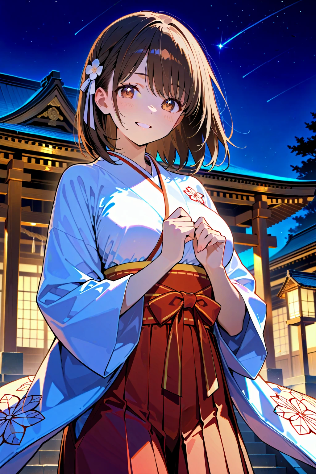 top quality、Anime Style、masterpiece、she is in a transformed child character style、white shrine on the moon、 with the earth in the background 、a shrine girl prays、A pure white space shrine maiden outfit、spacesuit like a kimono、shining constellation pattern on the sleeves、Her hair accessory is a shooting star motif、Under low gravity、sleeves and long hair gently swaying、balances、a shrine girl who floats to protect her、the sky is dark blue、the earth shines blue in the distance、cute
,( masterpiece, best quality, high resolution, ultra high resolution, pixel perfect, depth of field, 4K, RTTX10.0),
、Anegasaki Nene, shiny brown short hair, beautiful brown eyes, smiling face, sparkling pupils, (fine grain), , highly detailed face,, (masterpiece:1.2, best quality), ((only1 girl)), ((cowboy shot))