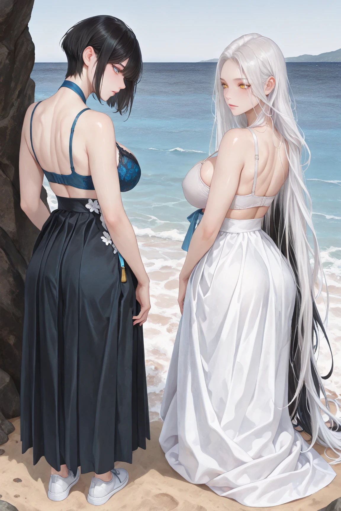 (two girls:1.2), official art, masterpiece, sharp focus, (beautiful gorgeous cute Korean woman:1.3), (beautiful cute korean:1.3), korean beauty, Delicate and beautiful hair and eyes and face, realistic, ultra detailed, beautiful girl, blue sky, glow white particle, (sidelighting:1.2), sun light, white cloud, detailed clouds, slender, Lovely enormous breasts and very large hips, smile with teeth, ((smile with eyes, open both eyes)), scenery, long straight hair, sexy facial expression, one girl with detailed very white pink hair, one girl with detailed raven black hair, one girl with blue eyes, one girl with purple eyes and blue eyes, sexy sheer swimsuit, full body, pale skin, two girls with each other, yuri