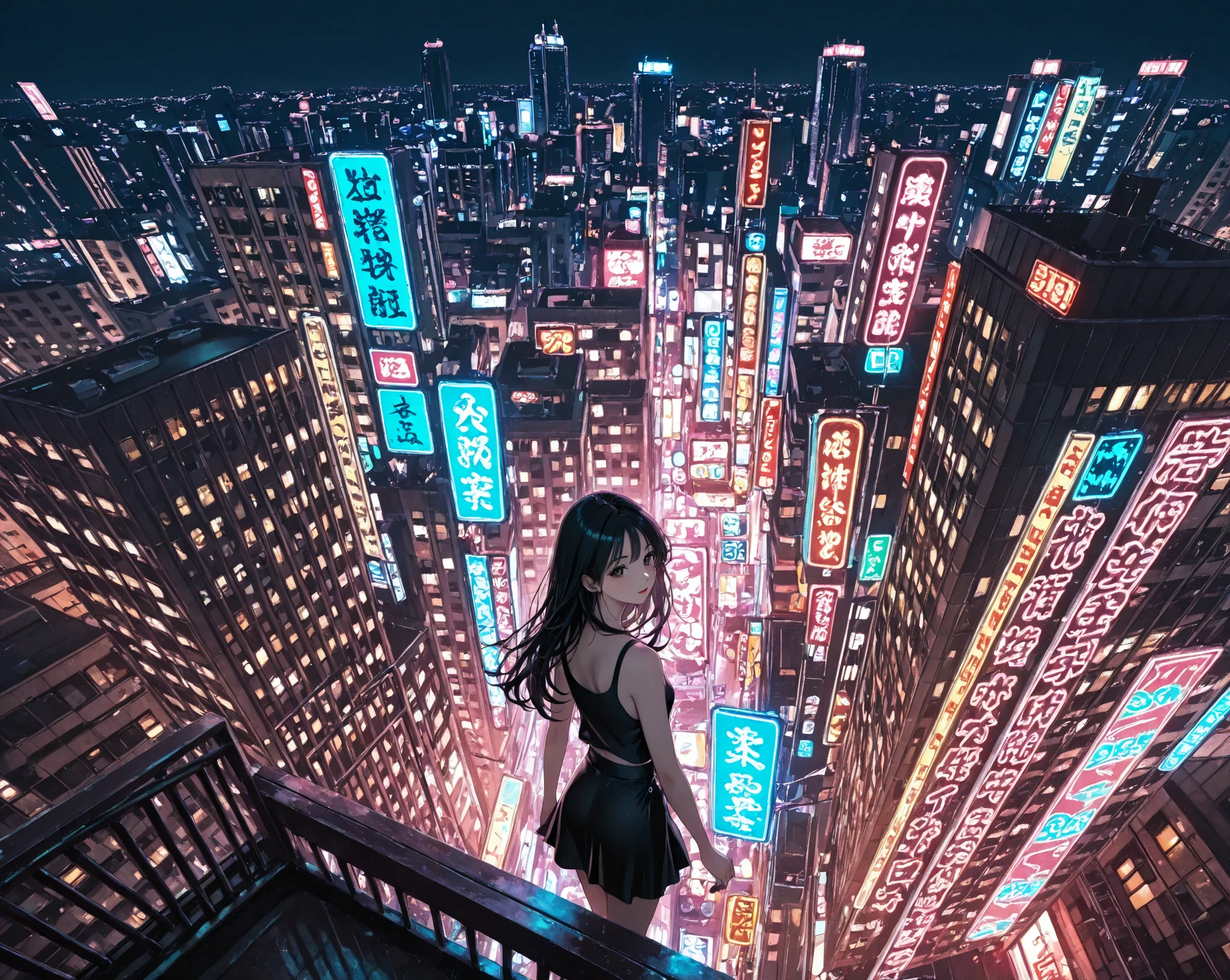distant view ,from above,long hair,looking viewer,black Hair, glamorous, black tank top,black skirt, clear makeup,neon light, city,night