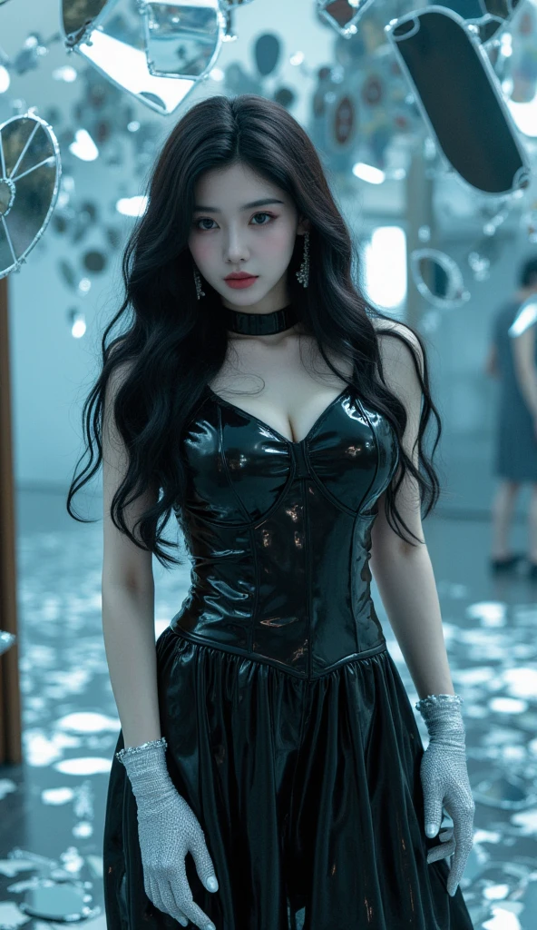 (top-quality、hight resolution、​masterpiece:1.3)、Creates a female work that combines a dark and crazy world view centered on black with intense fantasy elements in high quality。She wears a black luxury leather dress(large full breasts:1.6), It has a creepy and attractive appearance,Her comprehensive black fashion style is、Emphasize her personality。The background is an eerie sea, black clouds, Fantastic fantasy world,  Her figure is mysterious, Dark atmosphere and fantasy essence blend perfectly。 Light and shadow effects are skillfully expressed、The details of the black costume and her face and expression are depicted in detail.。The fantasy element is even more powerful、A magical light envelops her。The overall atmosphere is mysterious and enchanting, yet、Gives a unique artistic touch。This work is、It stands out for its black and dark tones.、Evokes visual stimuli and aesthetic sensations、Gives the viewer interest and mysterious charm。 Create high-quality pieces that weave fantasy elements into a dark and crazy world。Her eerie and charming figure and fantastic background、It will make a deep impression on the viewer as a unique work of art.。