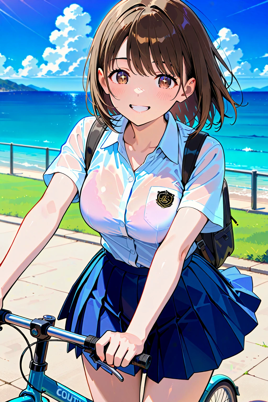 High-precision handwriting, No damage frames, High-precision finishing of each frame, Shinkai Makoto Art Style , high school girl in uniform climbing a hill by bicycle, summer afternoon due to power outage, Port town slope, You can see the ocean, mountains in the distance々Smoke rising from the ground, Cumulonimbus clouds on a summer day, manga-style screen structure, Manga in Japanese only.
,( masterpiece, best quality, high resolution, ultra high resolution, pixel perfect, depth of field, 4K, RTTX10.0),
、Anegasaki Nene, shiny brown short hair, beautiful brown eyes, smiling face, sparkling pupils, (fine grain), , highly detailed face,, (masterpiece:1.2, best quality), ((only1 girl)), ((cowboy shot))