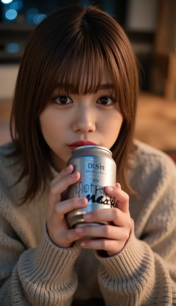 Elegant woman sipping a can of pink and blue cans at home, the cans have the word BYSELF on them, drink, home, leisurely, blushing, sparkling, relaxing, slightly drunk, large breasts, vagina, no panty, product photography