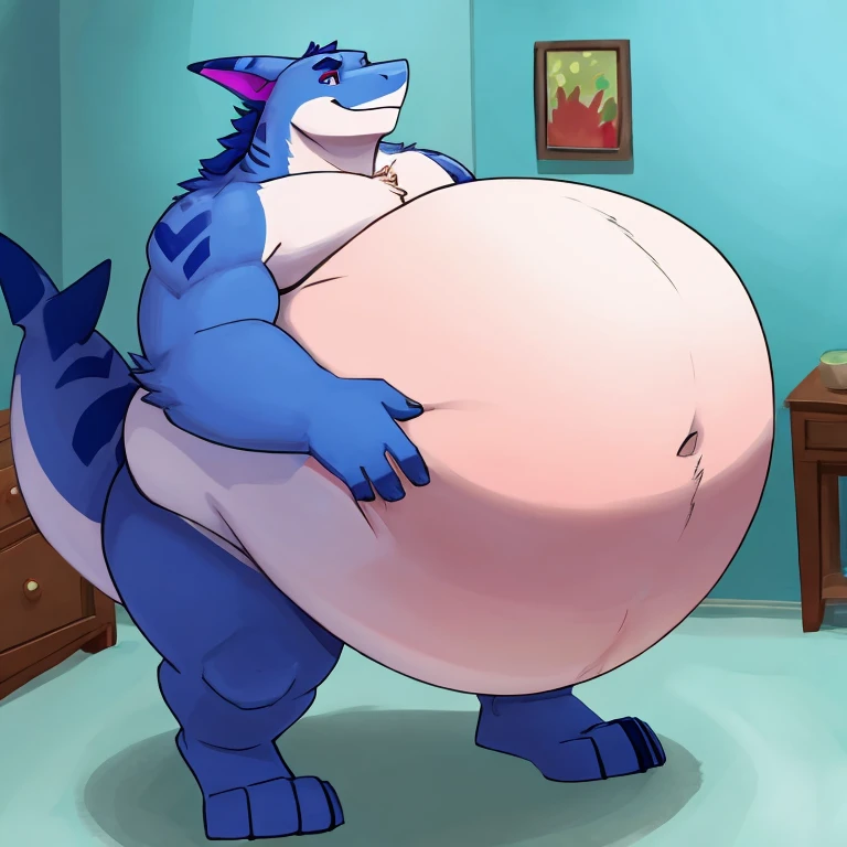 anthro, male, solo focus, dragon, college dorm, night, dim, bare chest, big pecs, huge belly, sweaty, bare ass, from behind