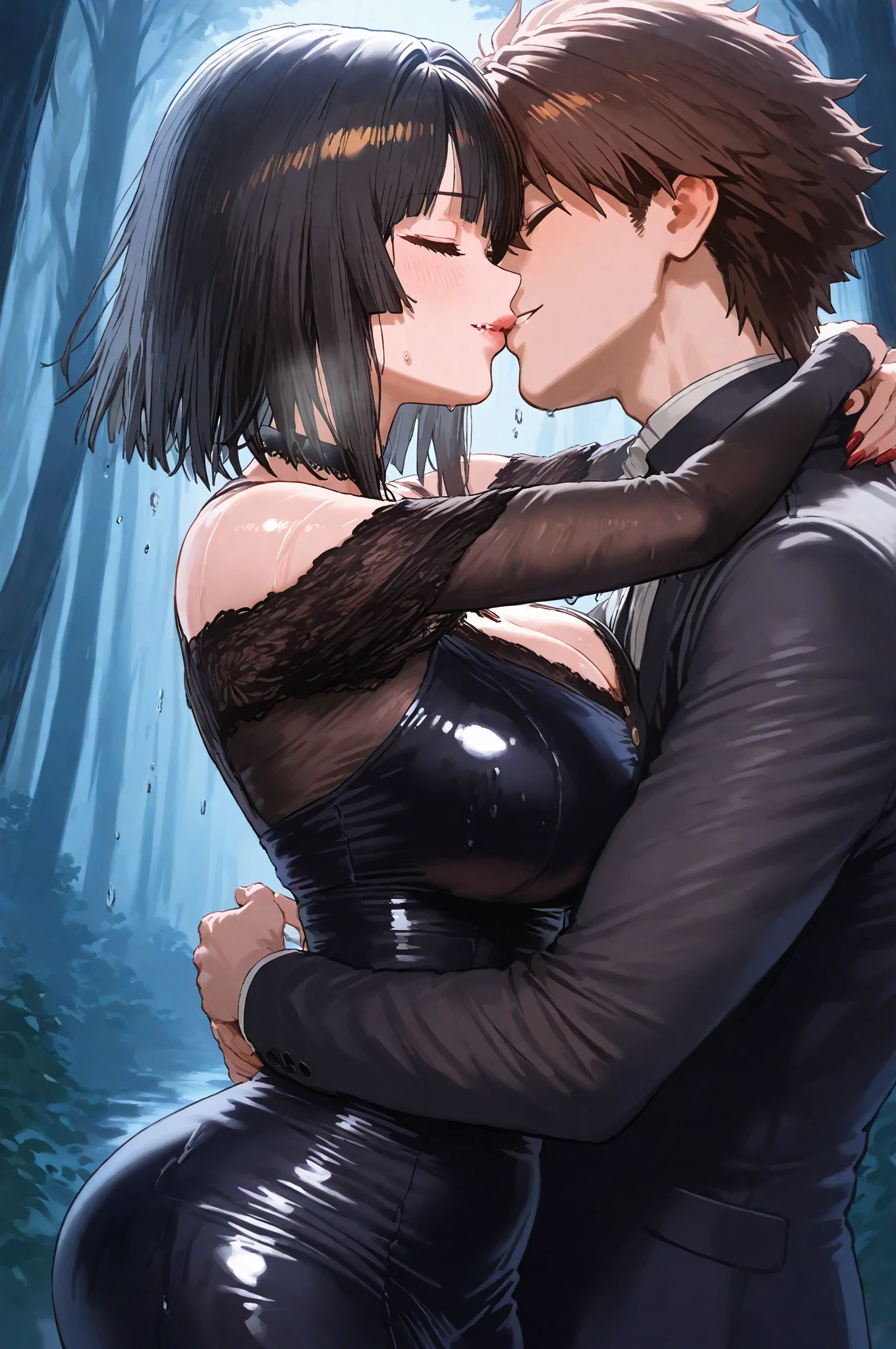 On the street, in the bushes, a couple,a couple without clothes making love,(panorama),the boy's penis inserted into the girl's vagina ( overview ), The boy's body pressed against the girl's body, the boy's penis inserted into the girl's vagina, big penis,happy expression, sex love, succubus,Semen fills the vagina and the penis shoots semen ,anime image, anime