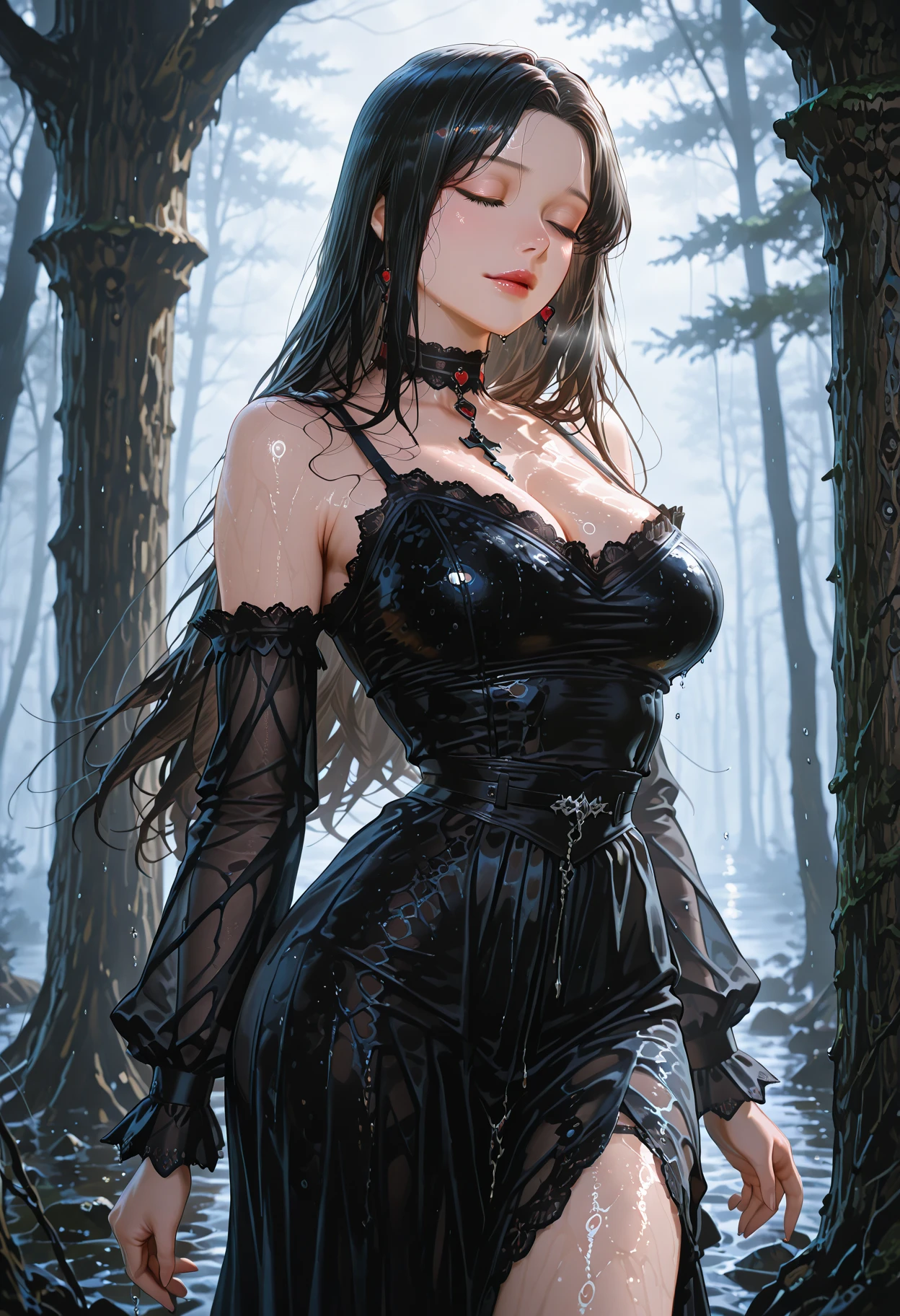 morticia addams, black dress, cleavage, big round breasts, slim waist, wide hips, slim body, night, garden, house, highly detailed, photorealistic, intricate details, dramatic lighting, dark and moody, gothic, portrait