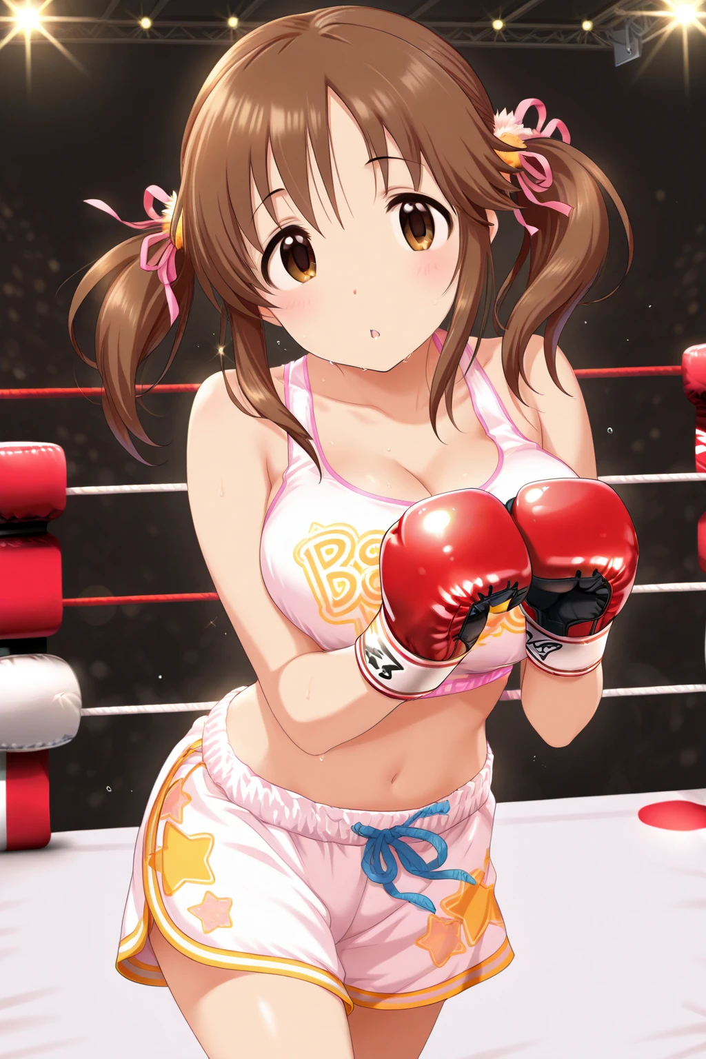 Cute girl with skirt belly punch in the corner of the ring,((masterpiece)),long hair,beautiful white skin、 ((charming))、happy smile、perfect proportions、(((Kickboxing)))、(((Mixed wrestling))), cute woman, baby face, BREAK source_anime, high detail, looking at viewer,POV, large chest, best quality, highly detailed, young face, white background,Droopy eyes, Calm face,A relaxed face,she attacks,frilly skirt,heart hair ornament