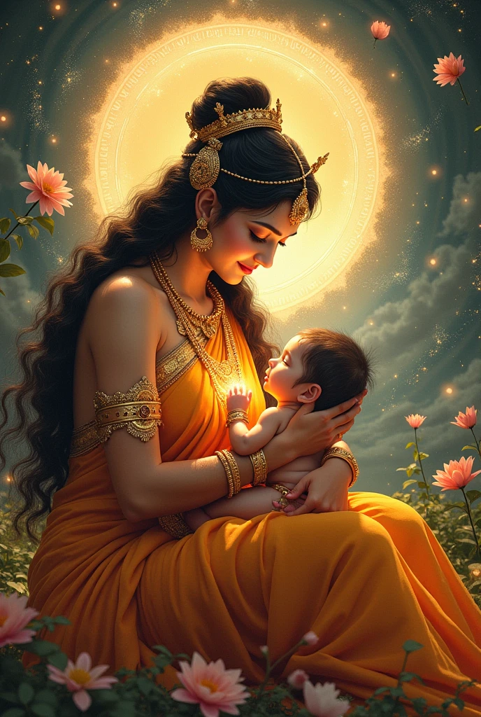 （32K，RAW photos，best qualtiy，tmasterpiece：1.6），（realisticlying，Foto realism：1.72）， In a fascinating picture，Indian elegant woman，brunette color hair，Wear an Indian sare，Light yarn flutters，Holding a red pomegranate in his hand，Holding a small baby，There are 5 small babies around，There are 5 small babies in total，Her flowing robe，Baby's cuteness，It creates a captivating scene of harmony and otherworldly beauty。 hdr，（真实感，Masterpiece quality，best qualtiy），，PureErosFace_V1，Urzang-6500-V1 Edition, Edition, Edition, Edition, Edition.1，nice hand，Good feet，good legs，realisticlying，（Delicate beautiful eyes and delicate face)，（Clear focus，rich details​），The background is well lit，Calm expression，aliasing，depth of fields，Gentle lighting，Tone-mapping，Background highly detailed，Dramatic lighting，Shoot with a Hasselblad X2D camera and a 100mm f2.2 lenses，plethora of colors，The light is gentle，It has a super realistic texture。