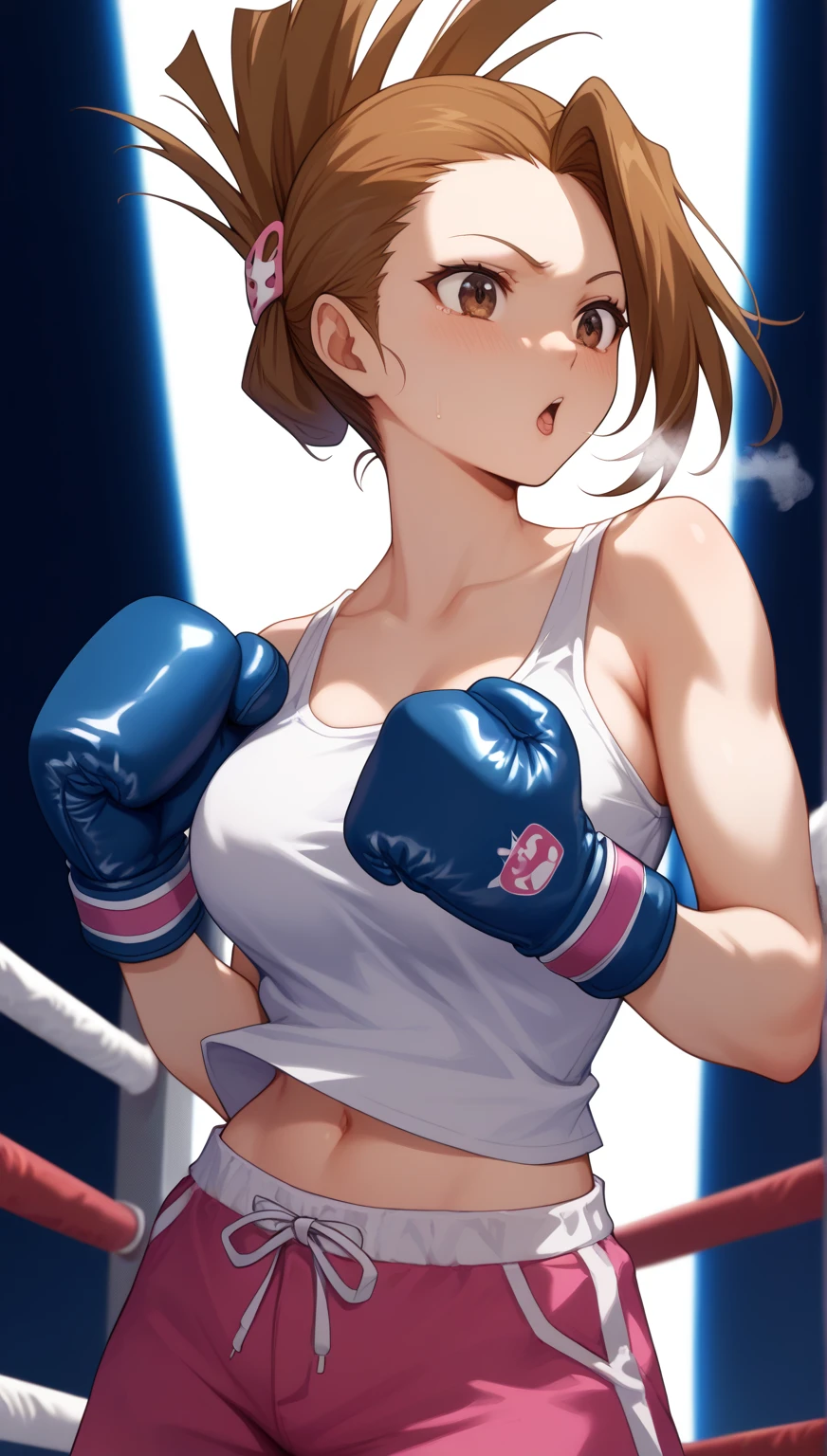 1woman, solo, muscular, Six Pack, athlete, Tension, Tense expression, Mouthpiece, Tank top, Shorts, short hair, boxing, Fighting Pose, Leaning forward, She holds both gloves under face to intimidate opponent, boxing ring, watching the situation, Brown Hair, small breasts, boxer、illumination、cheering crowd