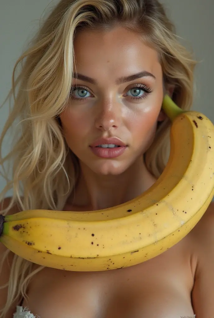 A tall 18-year-old girl, big chest, beautiful beauty, beautiful, cute, affectionate, long blond and curly hair, natural blue eyes, nude Sucking a banana in de beache