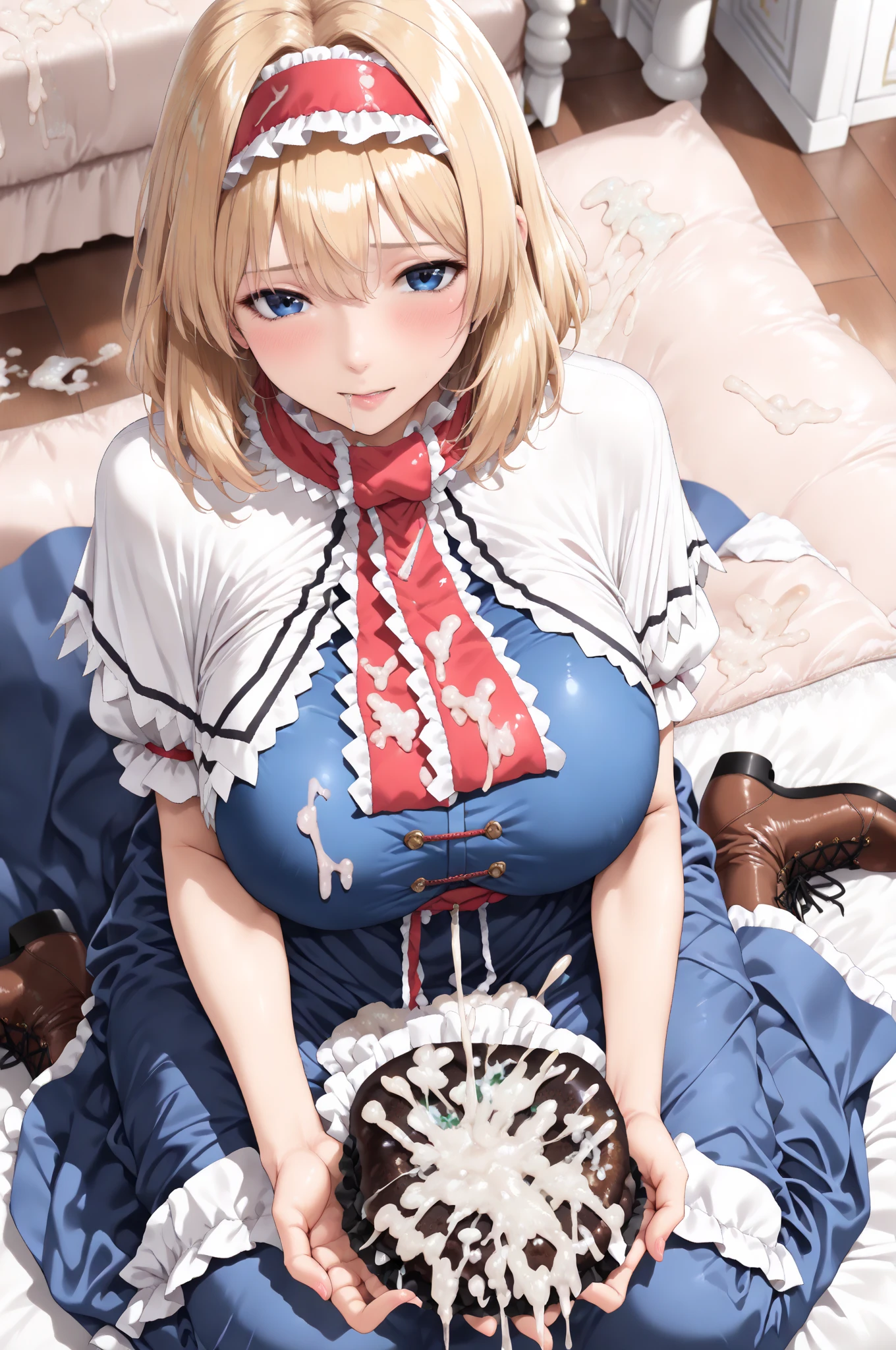 (best quality, masterpiece:1.2), ultra high res, Exquisite details and textures, 1girl, solo, detailed face, white skin, looking at viewer, big eyes, luxury room, professional lighting, photon mapping, physically-based rendering,1girl, (Medicine Melancholy, 1girl,smile, blonde hair, short hair,ribbon,blue eyes,(black shirt),red skirt,bow,bubble skirt, frilled skirt,frilled shirt), (((huge gigantic breasts))), thick thighs, wide hips,smile, long skirt, meadow, ((breast expansion)),((curvy body))