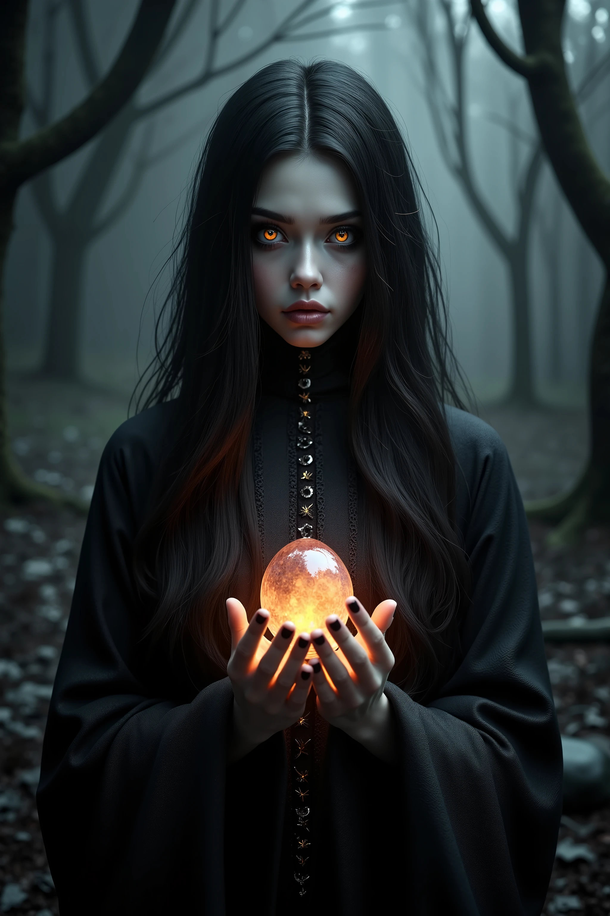 ultra-realistic, photo-realistic, A 2000-year-old witch with extremely intense eyes and long black hair has glowing magic stones in her hands shining and cutting the darkness around her,gloomy atmosphere,iconic character, icon style,gothic beauty, 4k,surreal environment, dramatic lighting, cinematic composition, nightmarish imagery, otherworldly, suggesting the lack of love,dark fantasy art, highly detailed, intricate details, chiaroscuro, moody color palette, gothic style,oil painting, Masterpiece 3D