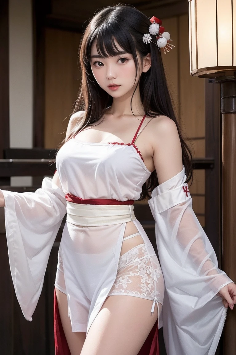 A dark-haired, 1girl in,A smile, length hair, , 独奏 ,hightquality、masterpiece、Beautiful Japan gravure idol、Medium chest、skinny、skinny thigh、Skinny Legs、Small butt、red blush、Big beautiful eyes、long eyeslashes、Look at viewers、NSFW