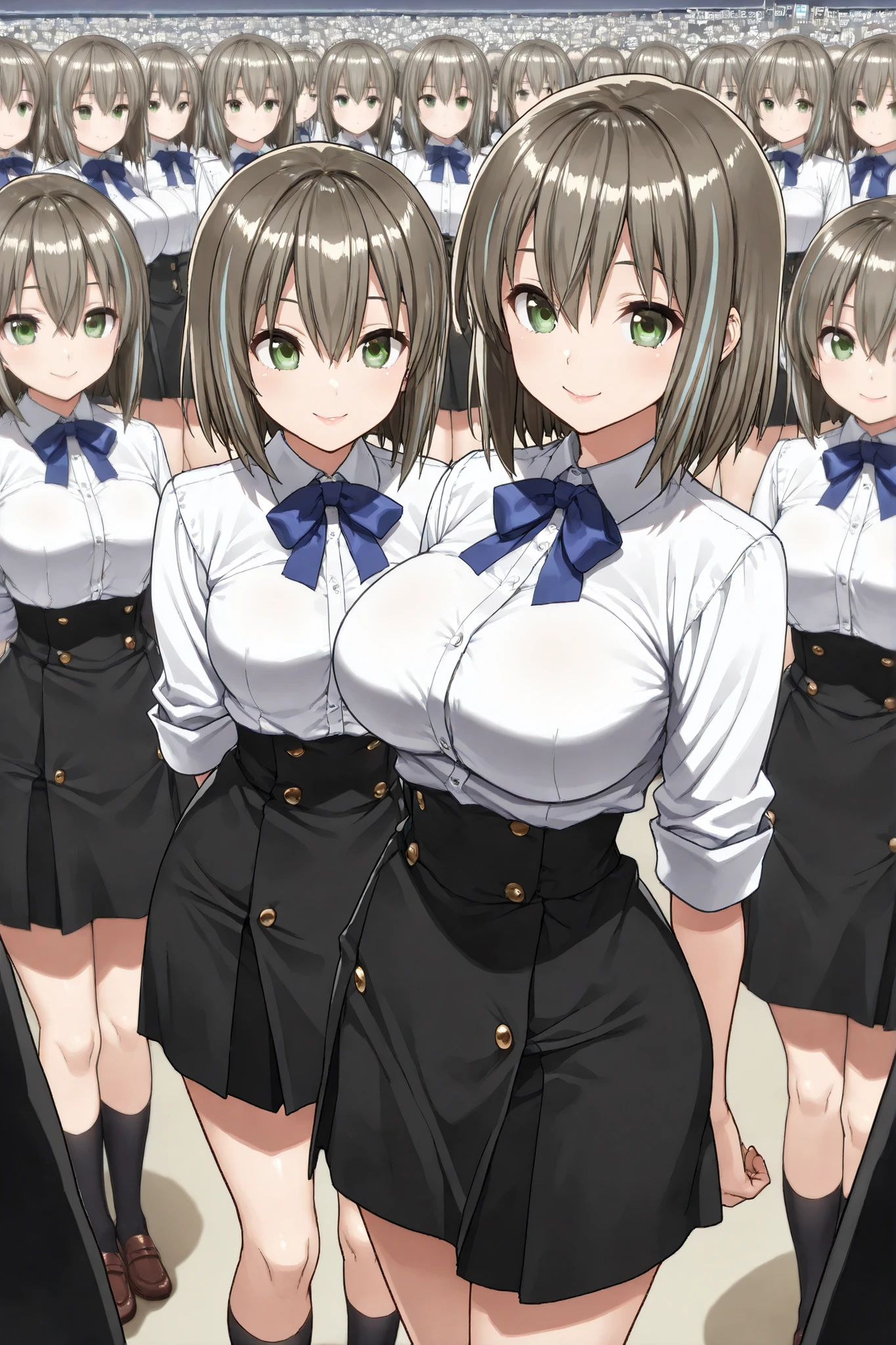 score_9,_up score_8_up, score_7_up, I'm going to sleep, real_Anime, BREAK ((masterpiece, top quality, best image quality, high resolution, highly detailed CG integrated 8K wallpaper)), clone girls, clone twins, 6+clone girls, Clone girls only world, beautiful young woman background, cute smile, beautiful eyes carefully drawn down to the smallest detail, shiny lips ,realなスキンテクスチャー, Glossy Skin, Smooth Hair , Super Big Breasts, beautiful round breasts, Tight Waist, wide hips, Attractive perfect body , Clothed woman), (accurate 3Point perspective drawing, Very Accurate Perspective Depiction, Ultra-wide field of view), (Super crowded , Super dense, Super tight , Fill in a super large amount, open legs), 

