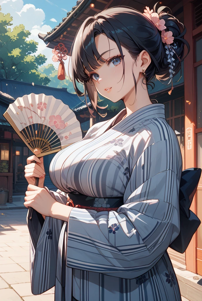 top-quality、Top image quality、​masterpiece、teens girl((18year old、 Ager、Best Bust、Medium bust,wide open breast tea、light blue eyerest, black and golden hair、A slender,Large valleys、dye one's cheeks red、Black yukata、pretty pose、Holding a fan、Inviting Pose)),hiquality、Beautiful Art、Background with((Inside the inn、natta、Red carpet))、masutepiece、depth of fields,a picture