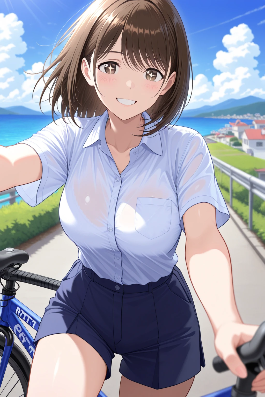 MASHIROTOUKO, BLACK HAIR, LOW TWINTAILS, HAIR OVER SHOULDER, HAIR RIBBON, BLUNT BANGS, LONG HAIR, BLACK EYES, 1girl, solo, large breasts., smile , nipple, Expressway, Riding a bike