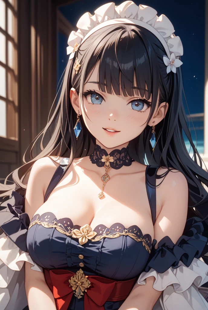 masterpiece, best quality, ultra detailed, highres, extremely detailed CG unity 8k wallpaper, perfect lighting、beautiful and aesthetic,sharp focus, perfect face, Perfect hands、Perfect Fingers、Perfect toes、Five fingers、、highest quality、Woman 1
Black Hair、Blunt bangs、blue eyes、Sparkling eyes、extremely big eyes、smile、blush、negligee、Face close-up、Off the shoulder、Large Breasts、Hide your arms behind your back