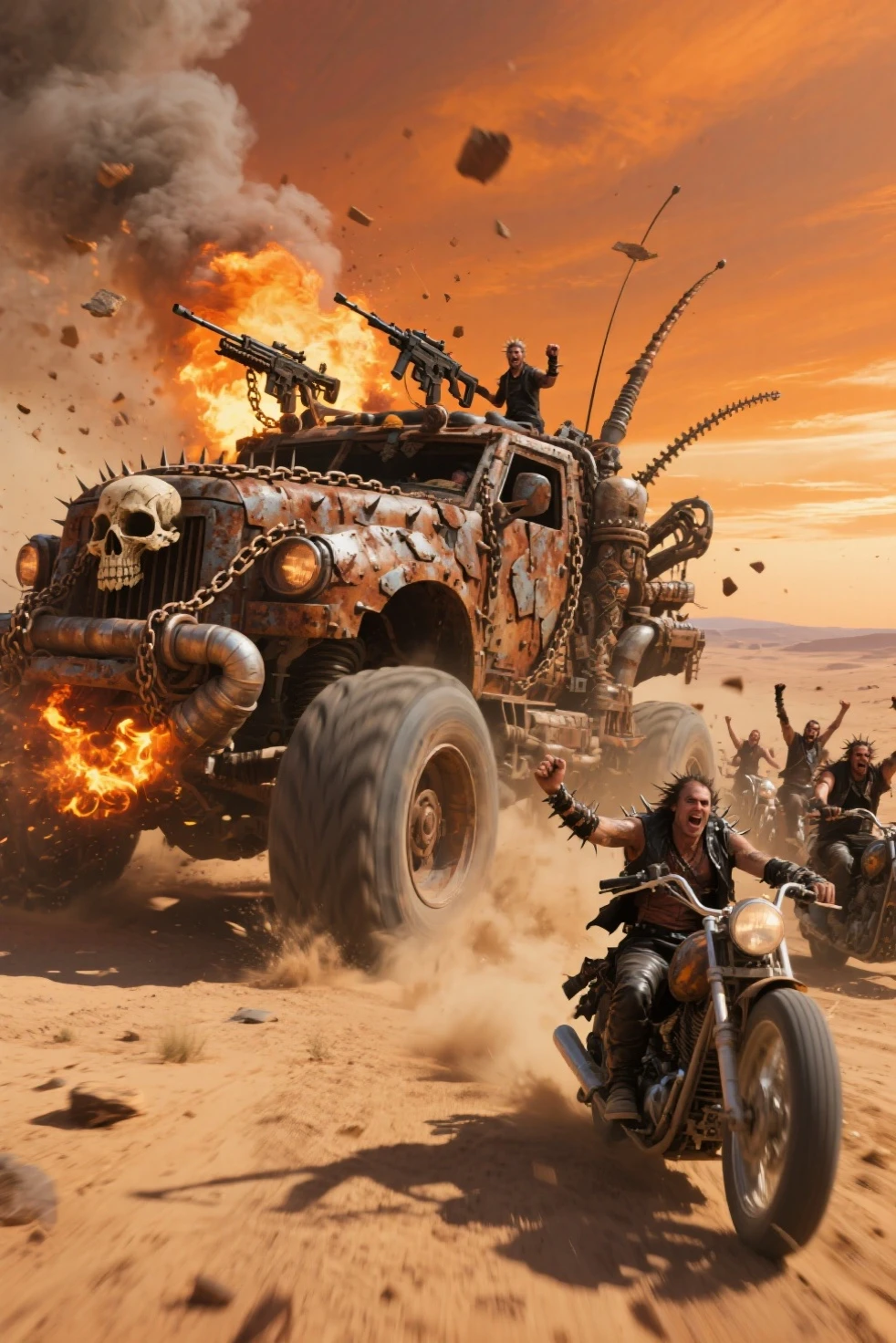 while a runaway tribe runs next to a huge truck、Fire and dust roll up in the desert