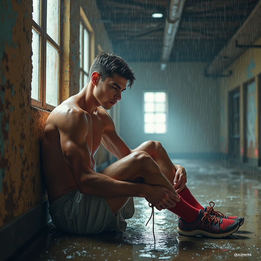 shirtless sweat-drenched 23-year old short black hair caucasian male wearing tattered camouflage pants, dripping with sweat, sitting on the floor