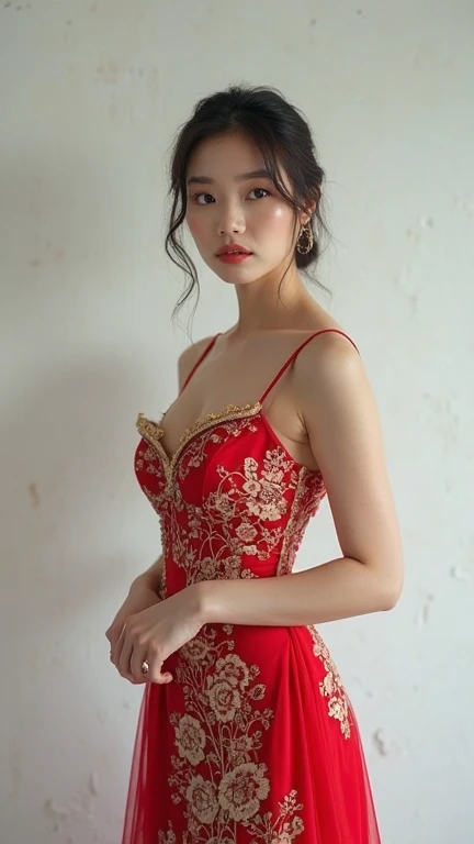 Best quality,8K,A high resolution,Masterpiece:1.2, DSLR, 16k ),Ultra-detailed,(Realistic,Photorealistic,photo-realistic:1.37),Portrait, Creative style artwork, Historical, classical, Sophisticated, plethora of colors ,Highly detailed, Soft lighting, luxurious environment , there is young woman , girl wearing a red silk classy royal dress, performing a music video, slim fit (oval perfect shape, asymmetrical face structure, perfect proportion, almond eye type, hazal eye color, detailed eyes, blue hair color, 32 inch breasts, hourglass figure, slim body, pale white skin tone ,sexy girl, 2, soft wavy hair, looking away, attitude expression, professional makeup, pink lips 