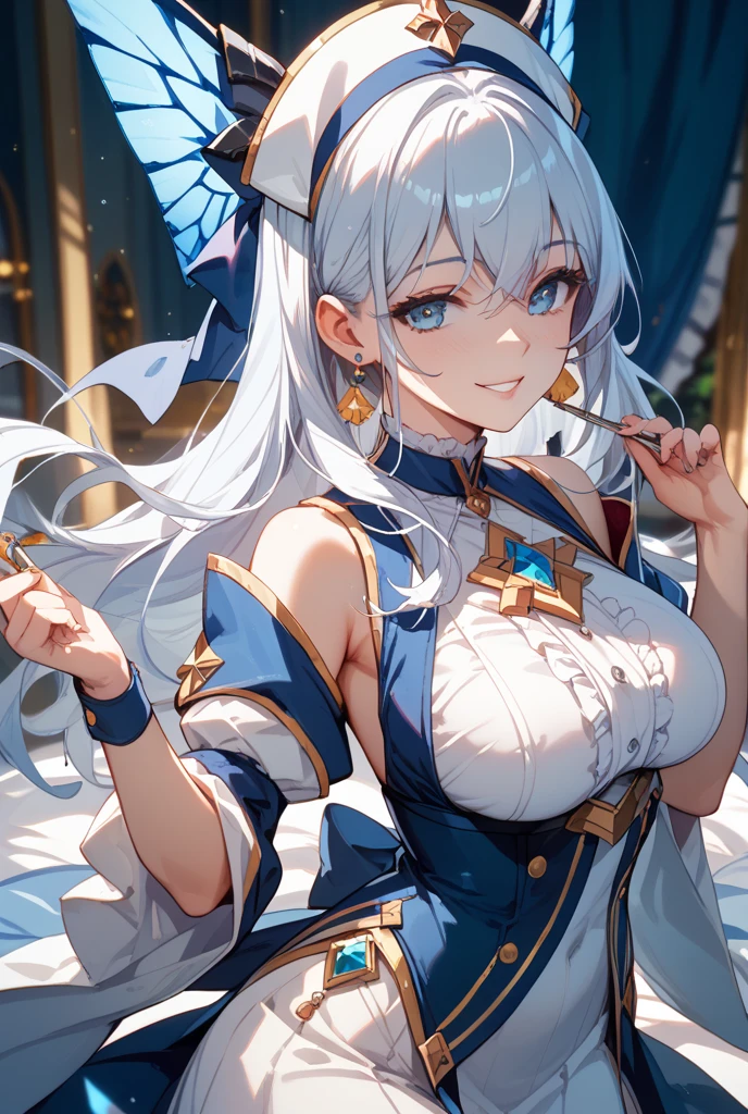 A beautiful Alara woman,Wearing a white dress,Blue flowers sitting on the sofa, Japanese cartoons girl cosplay, Overlord's albedo, Japanese cartoons cosplay, Ali from League of Legends, Ali, Naiko role play! maid! skirt, Full body fairy costume(((Large Breasts、Low-cut,Cleavage, Wide hips,)))((Long legs)),Hourglass figure,, Elegant and charming cosplay, Cosplay Photos, beautiful and enticing Japanese cartoons woman. (best quality,4k,8K,High resolution,masterpiece:1.2), Extremely detailed, (Practical,photoPractical,photo-Practical:1.37), HDR, Ultra HD, Studio Lighting, Super Fine, Clear focus, Physically Based Rendering, Extremely detailed的描述, professional, Bright colors, Bokeh, portrait, Japanese cartoons, photography, vibrant color palette, soft light.