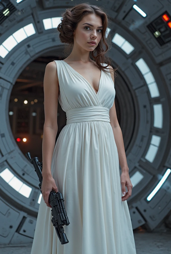 Realistic photography, high quality, Princess Leia catches evil robots on Saturn, she is wearing a short skirt and a tight top, thin waist, detailed face, Moonlight night, thin hips, (nuclear explosion in the distance: 1.1), strong wind, magic light, Danger