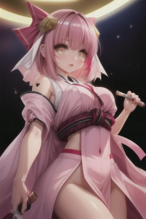 best quality, masterpiece, highres, solo, {white kimono:1.35}, {red hakama:1.35}, {wide sleeves:1.20}, {yumemi_riamu_idolmastercinderellagirls:1.15}, pink_hair, multicolored_hair, two-tone_hair, bangs, blue_hair, pink_eyes, short_hair, ahoge, hair_intakes, blush, breasts, open_mouth, large_breasts, fang, heart, collarbone, jewelry