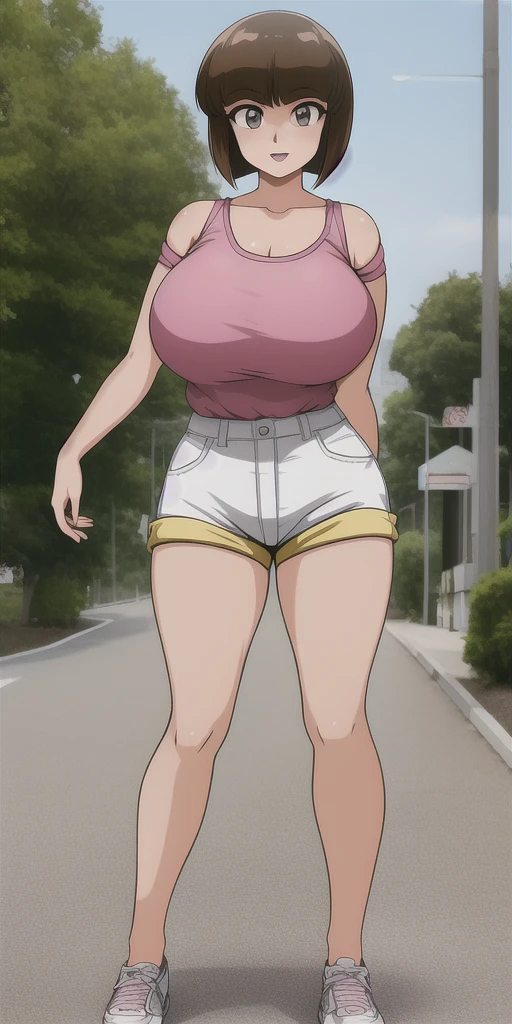 In anime, a girl with light skin, sexy, cute, leaders, long brown hair, her brown eye, wears a pink button-down blouse, shows her navel, and a short blue skirt, black shoe, she travels, flying, sky background, city.