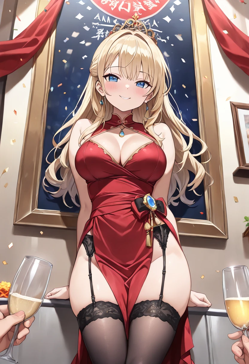 (Veranda at night) (Adult) (Flandre Scarlet) Grown Body ((Colossal Tits 2.5)) Big Breasts Boobs Cleavage (Gentle MILF) Blonde Long Hair Decorated aristocratic dress Smiling