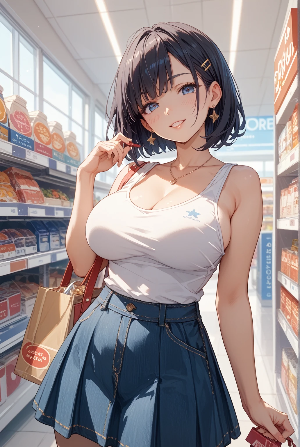(masterpiece, Best Quality, ultra-detailed, high resolution, extremely detailed CG, official art, Professional Lighting, Perfect Anatomy, anime colors), (from below), looking at viewer, cowboy shot, perfect body, 24yo beautiful 1girl, medium hips, glamorous body,a small face,beautiful-makeup,Makeup light,Shortcut Hair,dark brown hair、Bust b Cup, Amazing Cleavage, thin waist, big ass, Raised sexy, big breast: 1.2 posed cleavage:1.2, (off shoulders,Sportsbra,legginullnude), micro denim shorts, bare legs, nail_polish, pale skin, Waiting friend, (morning:1.5), tokyo, (convenience store:1.3), outdoor, (depth of field:1.3), contrapposto, (Hold a coffee in your hand:1.3),delicate beautiful face, Bright magenta eyes, cute eyes, sparkling eyes, Big eyes, (big breasts:1.3), (perky chest:1.1), (pointed chest:1.3), looking at viewer,