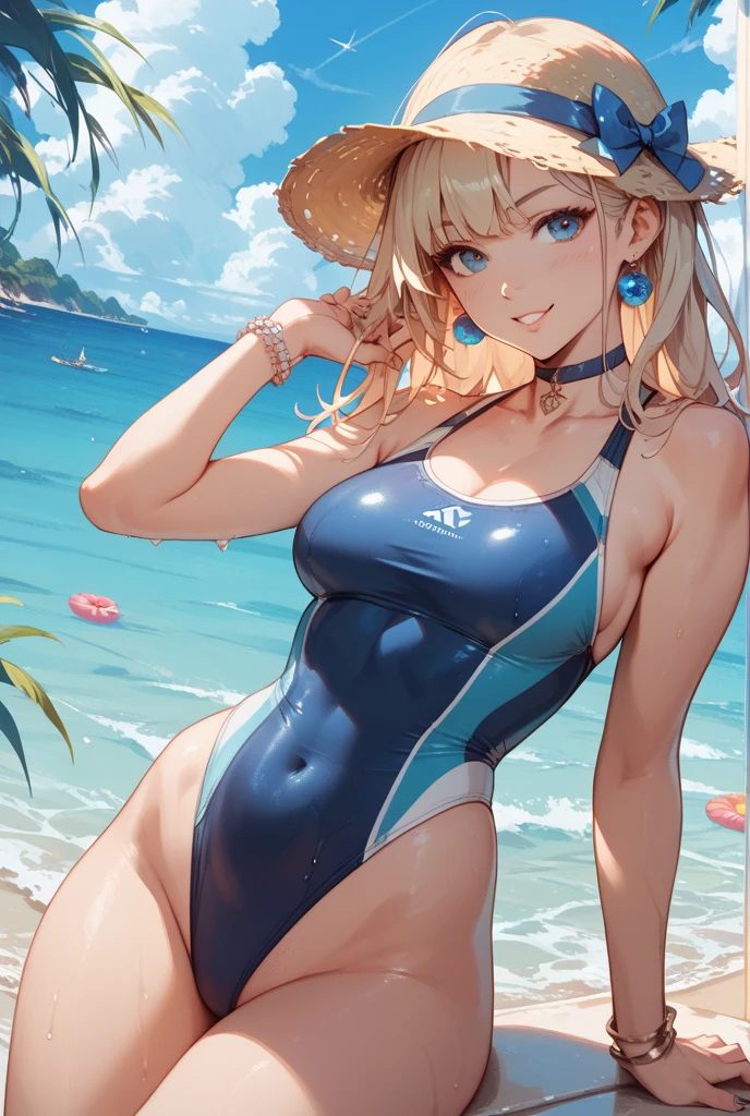 Asuna (Blue Archive), 1 female, solo, long hair, breasts, looking at viewer, blushing, bangs, blue eyes, ribbon, belly button, swimsuit, hair ribbon, thighs, outdoors, sky, barefoot, alternative costume, daytime, clouds, water, stomach, mole, hair over one eye, blue sky, wet, minimal cover monokini micro V-shaped G-string one piece swimsuit
, ocean, halo, beach, squatting, light brown hair, blue minimal cover monokini micro V-shaped G-string one piece swimsuit
, partially visible vulva, accentuated breasts