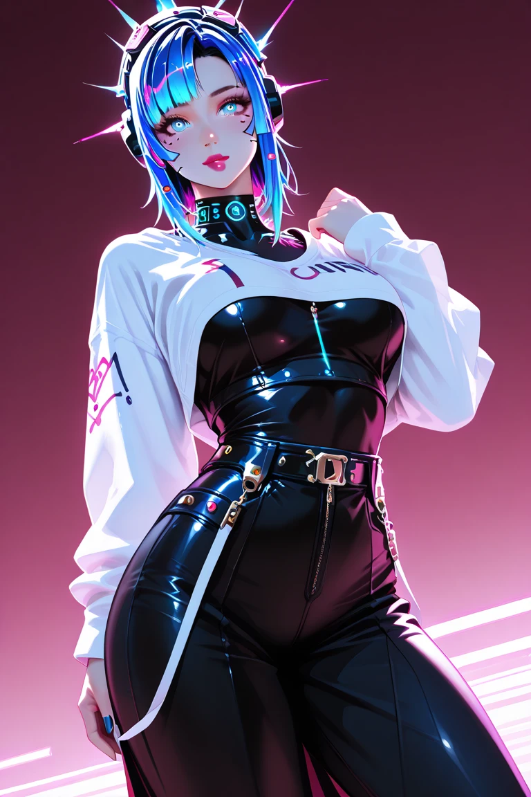 a beautiful girl in black t-shirt and blue jeans, bright pop-punk hair, beautiful detailed eyes, detailed lips, detailed face, belt, neon hearts, studio lighting, sharp focus, professional, VFX, UHD, HDR, 3d unreal render, double exposure, fog effect, white background, sumi liquid ink drawing, black blood color scheme, rain effect, neon render effect, neon outline effect, portraits, bright colors