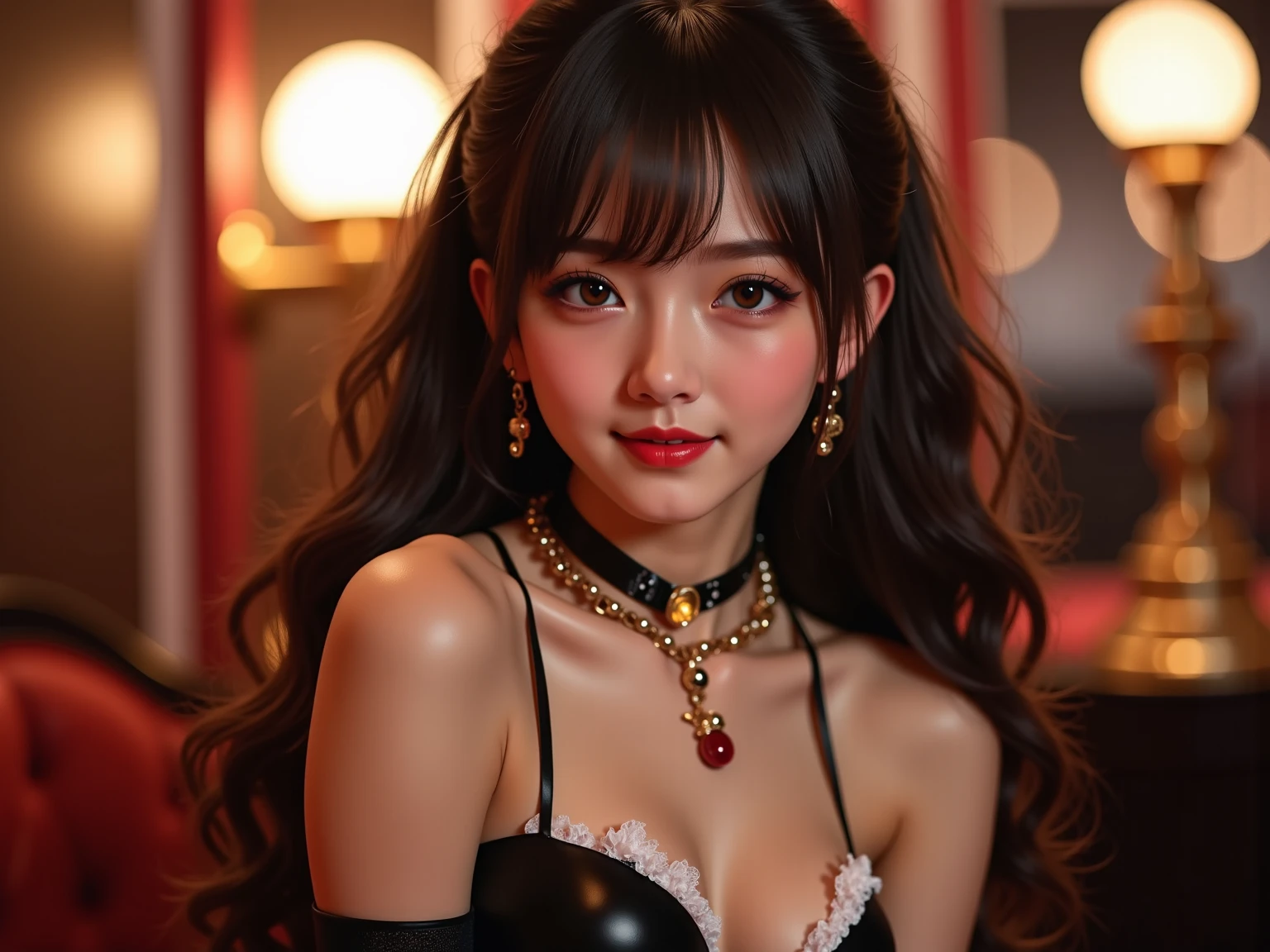 Close-up, (neon, night view, Dutch angle, from above, strapless: 1.3), masterpiece, top quality, raw photo, photorealistic, off-shoulder, red lace dress, red choker, reddish-purple eyes, up, upper body, cleavage, face light, shiny skin, film grain, chromatic aberration, absurdity, high resolution, ultra detail, detail, detailed eyes and face, sharp pupils, realistic pupils, sharp focus, sexy inviting pose, crotch open