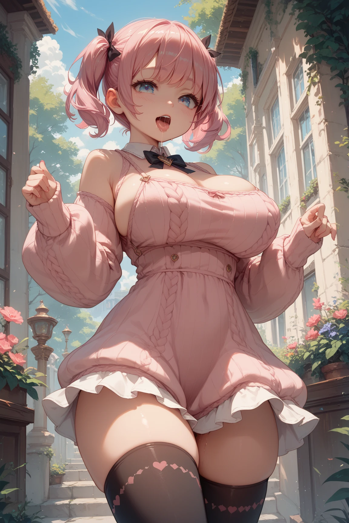 nsfw, ((masterpiece)), ((Best Quality)), (ultra-detailed), ((extremely detailed)), 4K, (8K), best quality, top-quality, anime style, (From above), 1girl, solo, The most detailed skin, (thick lines:1.2), One-shoulder frill top, Layered tulle skirt (semi-transparent and slightly short), Anklets with frills, Wedge sandals, //, (large breasts), (Slender legs), breasts falling aside, Perfect eyes, Perfect iris, //, (sexual expression), smile, blush, //, Side ponytail hair style, Silver hair color, (beautiful eyes), pink-skinned, //,Entrance of a park, trees and flowers, with people passing by in the background
