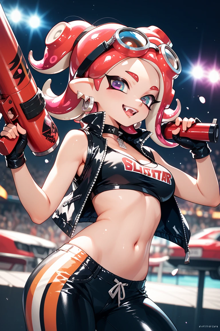((Highest quality)), ((masterpiece)), (detailed), Perfect Face, ((Highest quality, 8k, masterpiece: 1.3)), Real Anime、3d、Splatoon Girl、Sharp focus Beautiful woman with perfect body, Slim abdomen, Highly detailed face and skin texture, detailedな目金色の目, smile, blush、Multicolored tentacle hair、 ponytail、big heart earrings, ((Race Queen)), gigantic breast、Cleavage、FI turns around, Background Beach, Shark shaped boat、Boat racing、Race Queenコスチューム, Sunburned skin, Brown Skin