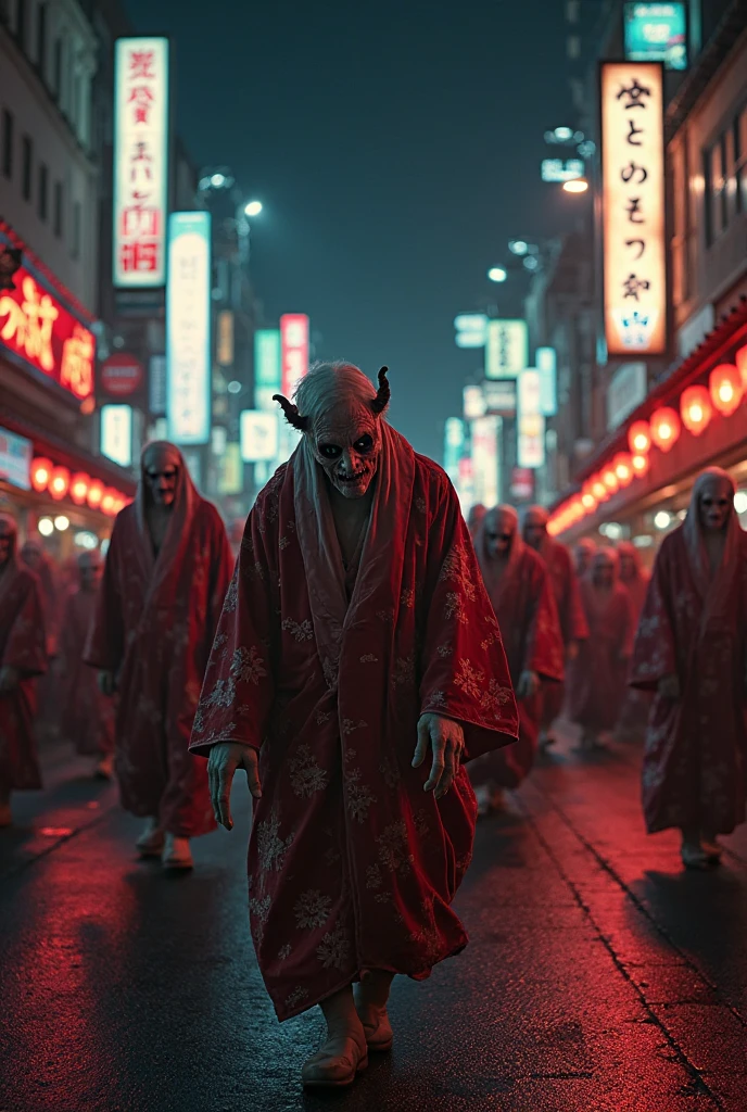 8k、Ultra HD、Horror-themed movie stills,Standing eerily in the middle of the city at night、A short, skinny old man with a big head wearing a kimono、Alien head shape