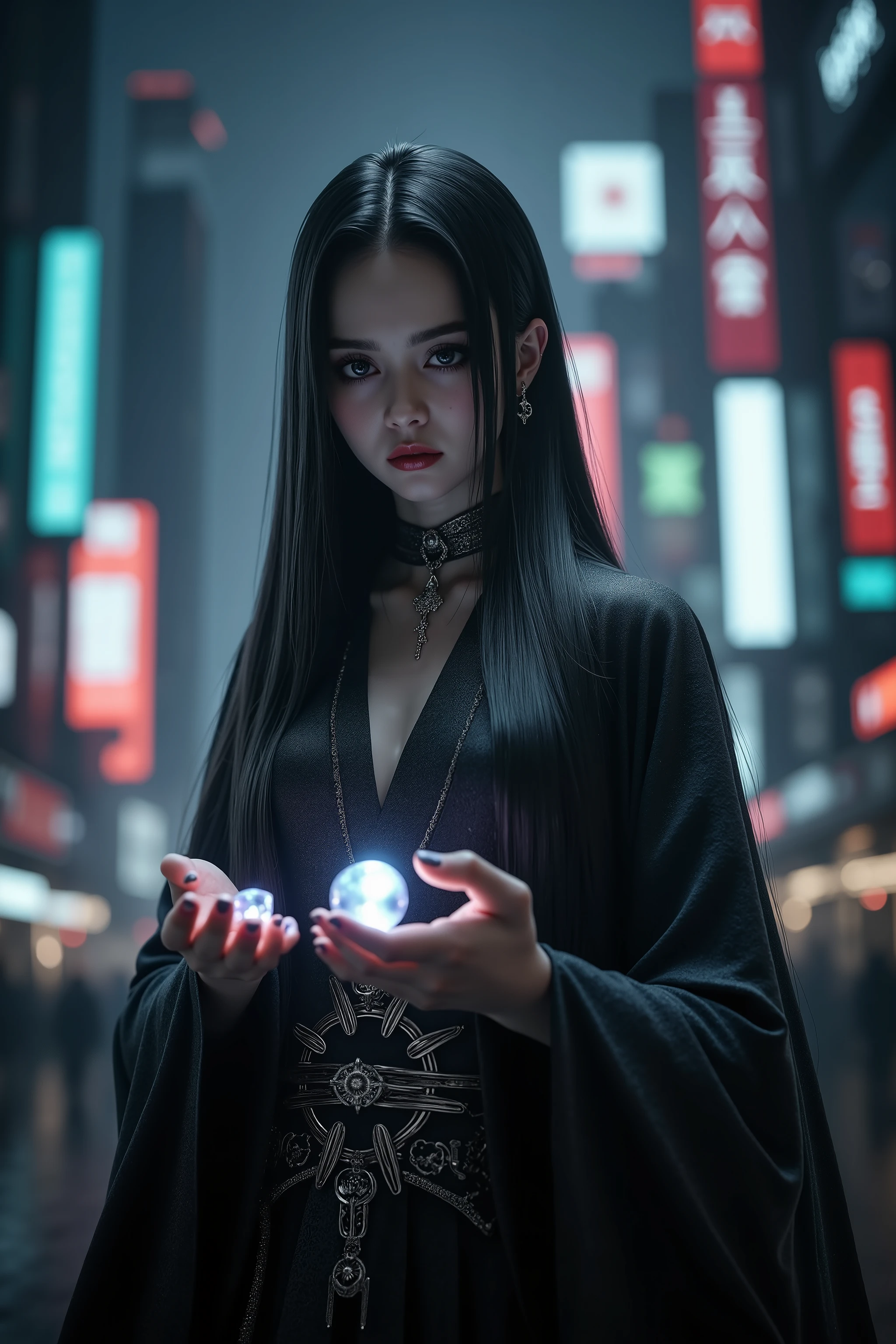 Ultra-realistic, Cyber city, far in the future. A 2000-year-old shrine maiden with extremely intense eyes and long black hair has glowing magic stones illuminated in her hands on a dark city night,the buzz of a cybercity all around her,chaotic futuristic atmosphere,iconic character,dramatic presence, icon style,gothic beauty, 4k,surreal environment, dramatic lighting, cinematic composition, nightmarish imagery, otherworldly, suggesting the lack of love,dark fantasy art, highly detailed, intricate details, chiaroscuro, moody color palette, gothic style,oil painting, Masterpiece 3D