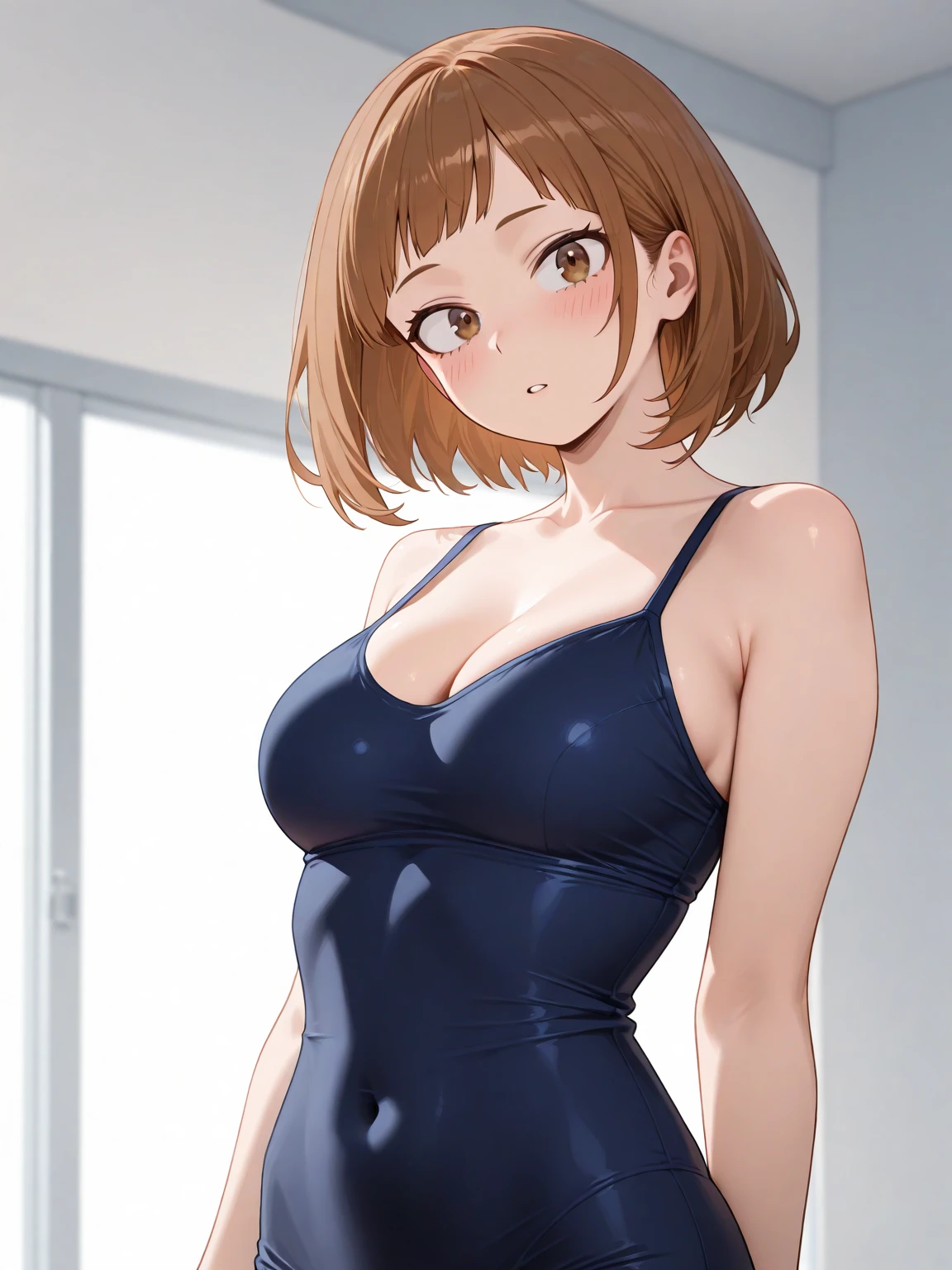 1girl, solo, masterpiece, best quality, high res, highly detailed, illustration, game cg, beatiful detailed eyes, yuigahama yui, single hair bun, glossy lips, light makeup, blush, school hallway, one-piece swimsuit, looking back at viewer