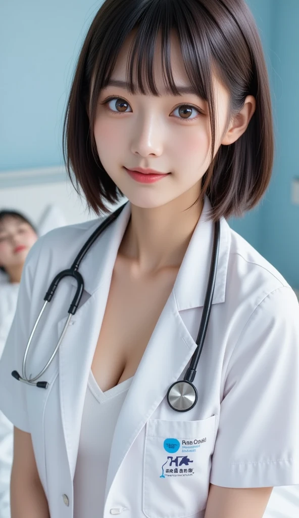 young woman、 Japanese women、Brown Hair、Necklace around the neck、White、Doctor's attire、Stethoscope、Cleavage、Wavy Hair、short hair、Intricate details, Very detailed:1.2), 、 Looking into the camera,The background is the examination room...、ear piercing