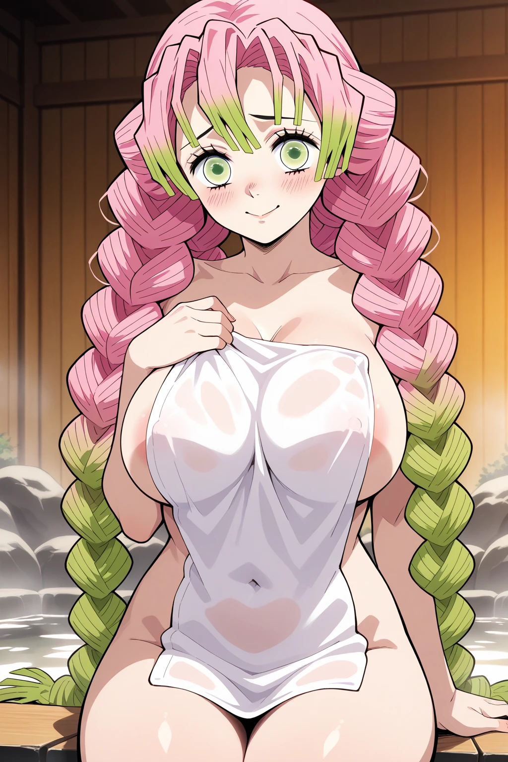 work of art, best qualityer, detailded), 1 girl, standing alone, gazing at viewer, Mitsuri Kanroji_VND, (multicolored hair, greenish pink hair), breasts big, twin braids, Eyes red, naked with just a towel, shy
