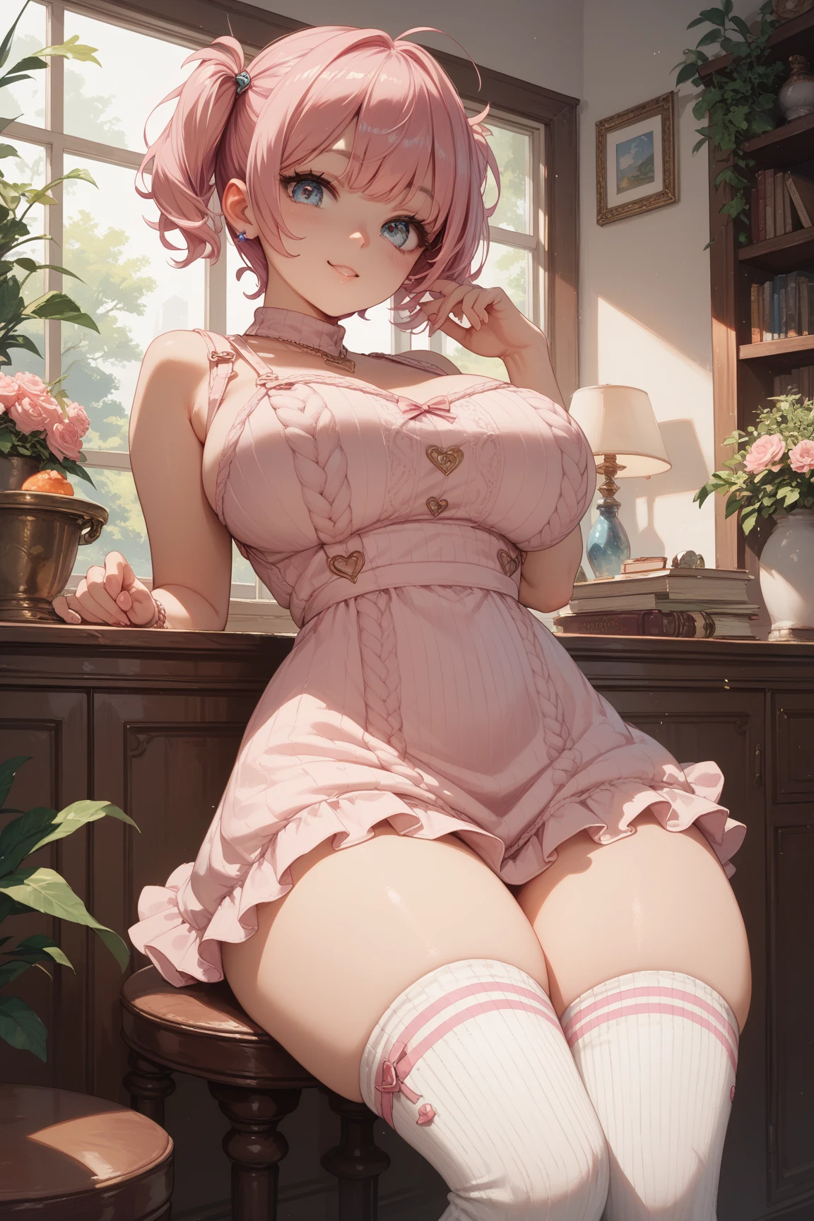 place:(Night:1.7), in the forest,Wooden_house,Beside_window,
action:sitting at attention,sitting on couch,
trappings:
The character:the hair:Pink_hair,
Role locking:
1 girl, Manga,20yo,mature female,Beautiful Finger,Beautiful long legs,Beautiful body,Beautiful Nose,Beautiful character design, perfect eyes, perfect face,
Eye expressions:
looking at viewer, (innocent_big_eyes:1.0),(expressionless:1.3),
Quality:
official art,extremely detailed CG unity 8k wallpaper, perfect lighting,Colorful, Bright_Front_face_Lighting,
(masterpiece:1.0),(best_quality:1.0), ultra high res,4K,ultra-detailed,
photography, 8K, HDR, highres, absurdres:1.2, Kodak portra 400, film grain, blurry background, bokeh:1.2, lens flare, (vibrant_color:1.2)
big breasts body:
(Beautiful,large_Breasts:1.4), (beautiful_face:1.5),(narrow_waist),