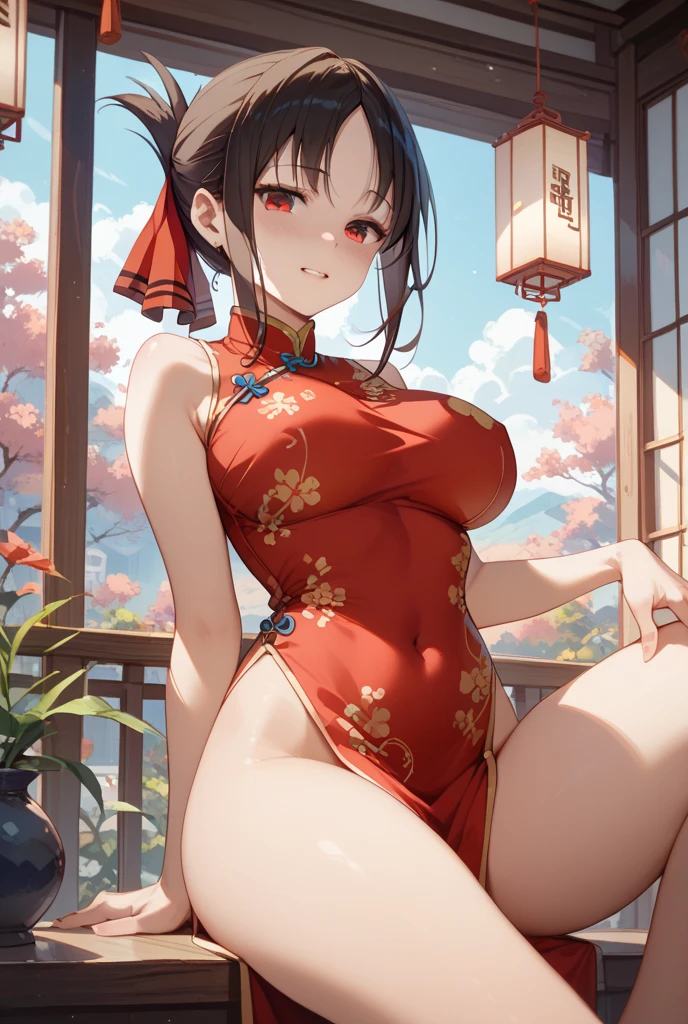 masterpiece, Highest quality, High Resolution, HS1,blush,Smirking face,NSFW、Balcony、Big Breasts、China dress、Bun Hair、Groin