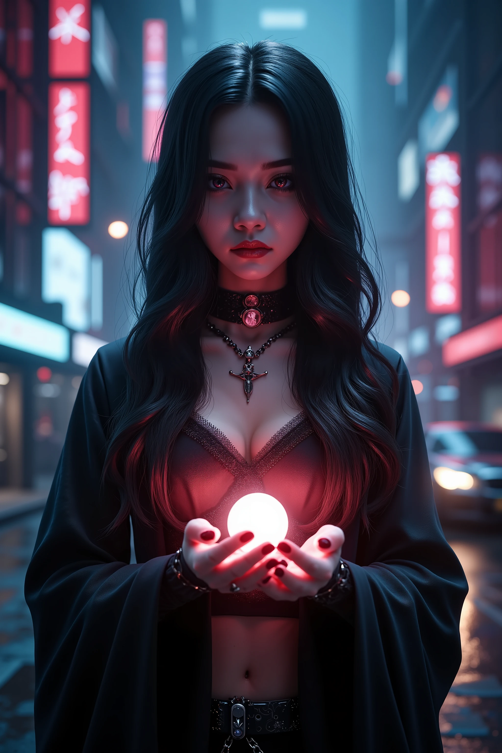 Ultra-realistic, Cyber city, far in the future. A 2000-year-old shrine maiden with extremely intense eyes and long black hair has glowing magic stones illuminated in her hands on a dark city night,the buzz of a cybercity all around her,chaotic futuristic atmosphere,iconic character,dramatic presence, icon style,gothic beauty, 4k,surreal environment, dramatic lighting, cinematic composition, nightmarish imagery, otherworldly, suggesting the lack of love,dark fantasy art, highly detailed, intricate details, chiaroscuro, moody color palette, gothic style,oil painting, Masterpiece 3D