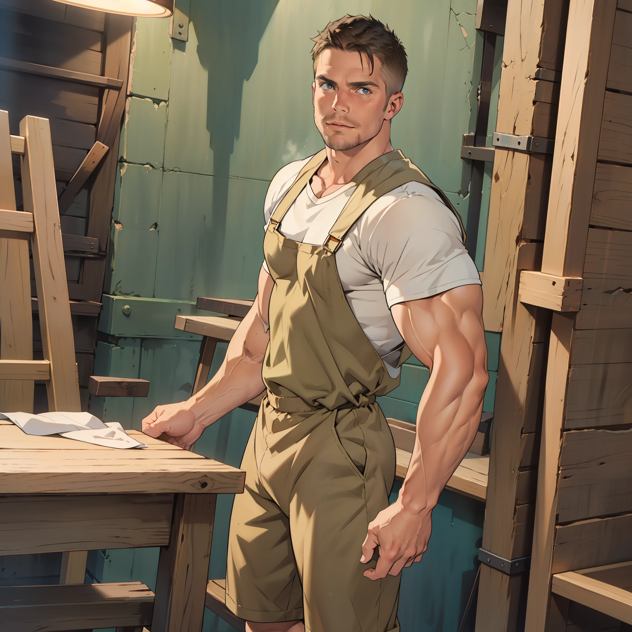 masterpiece, best quality, face, natural eyes, 1man, macho man,, muscled and mature, stephen amell as a carpenter wearing totally unbuttoned overall, sweating, tight cloth showing his muscles and bulge , full body , background wood workshop , woodwork of chairs  , tools , wood parts , volumetric dynamic bright  light .....