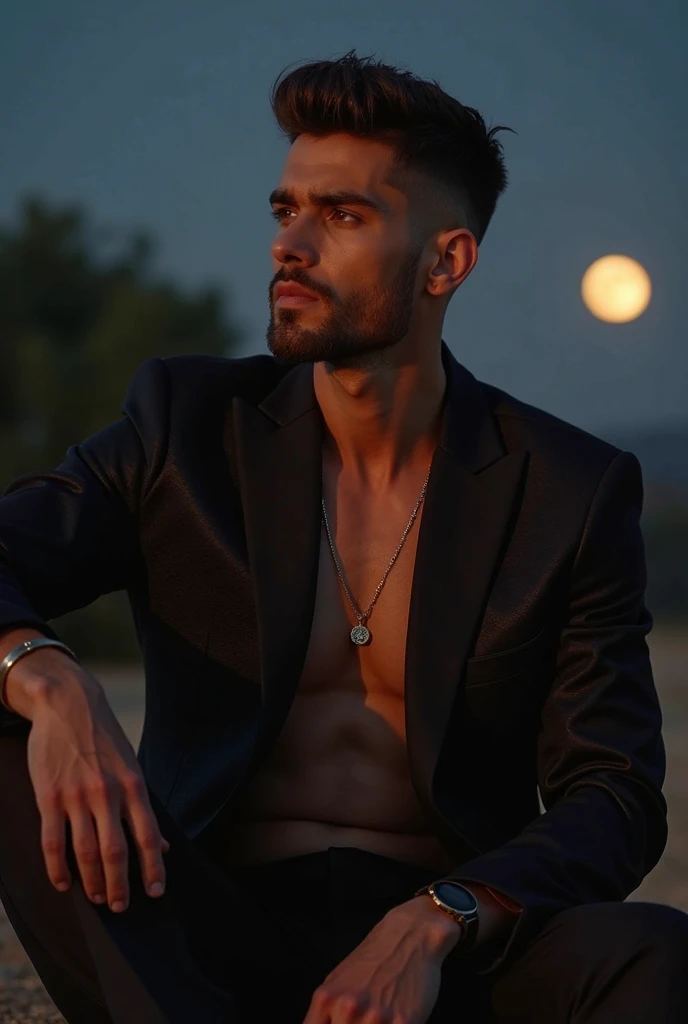obra de arte. retrato de hombre guapo con pelo rubio oscuro. vestido con (pantalones cortos) y topless. de noche con luna llena.de pie en una roca sobre unas bonitas vistas. fotorealista, hiperdetallado,high quality,8k